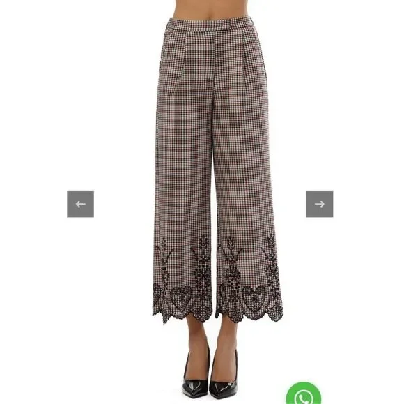 Sfizio Houndstooth Embroidered Eyelet Hem Wide Leg Pants Work Trousers 4 - Picture 1 of 16